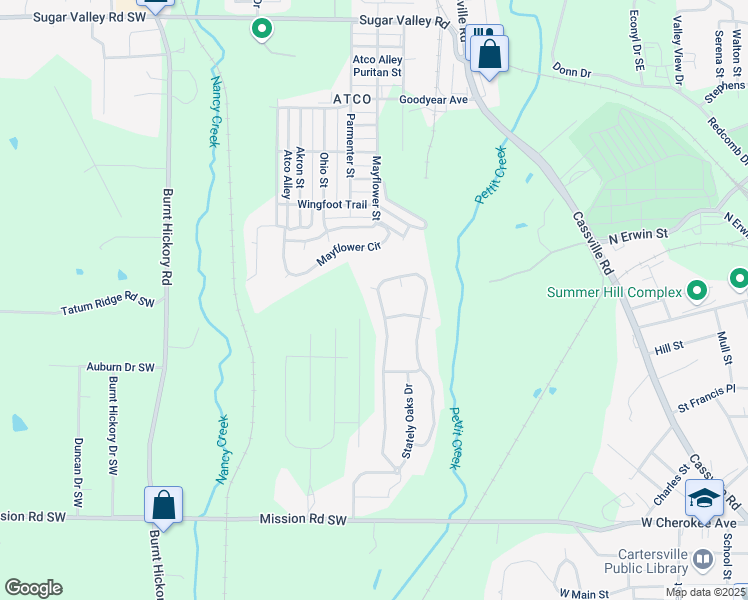 map of restaurants, bars, coffee shops, grocery stores, and more near 2 Pebble Hill Court Southeast in Cartersville