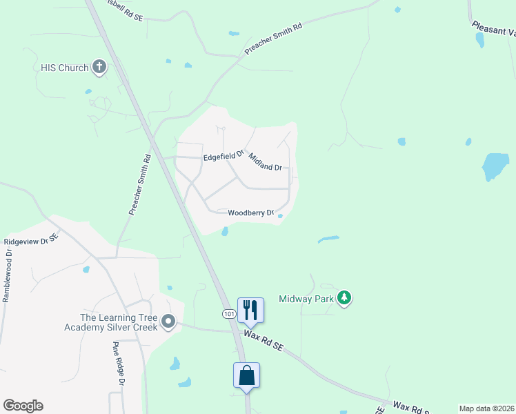 map of restaurants, bars, coffee shops, grocery stores, and more near 27 Woodberry Drive in Silver Creek