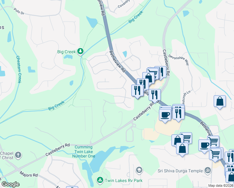map of restaurants, bars, coffee shops, grocery stores, and more near 6340 Forest Shore Ct in Cumming