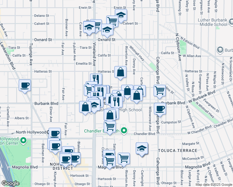 map of restaurants, bars, coffee shops, grocery stores, and more near 5639 Satsuma Avenue in Los Angeles