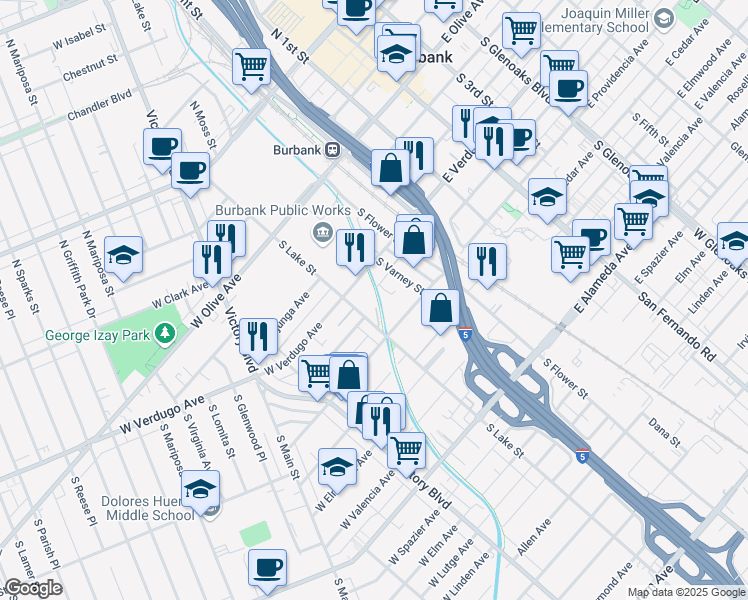map of restaurants, bars, coffee shops, grocery stores, and more near 418 South Lake Street in Burbank