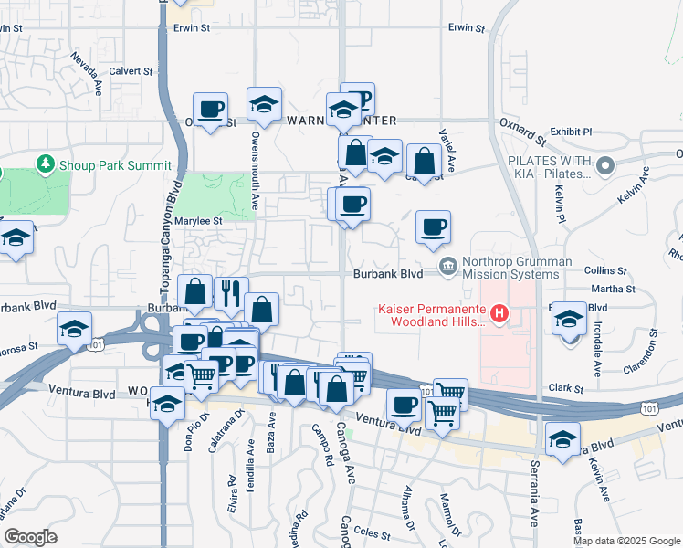 map of restaurants, bars, coffee shops, grocery stores, and more near Canoga Avenue & Burbank Boulevard in Los Angeles