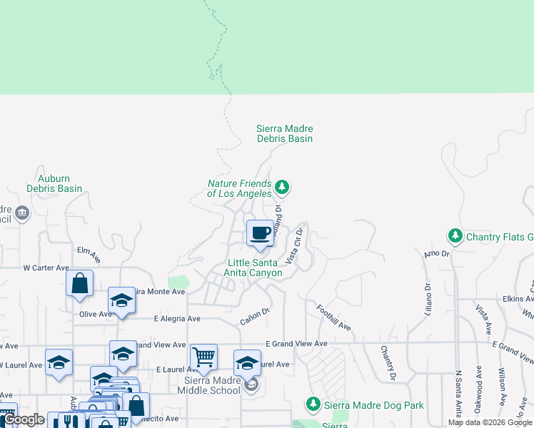 map of restaurants, bars, coffee shops, grocery stores, and more near 747 Canyon Crest Drive in Sierra Madre