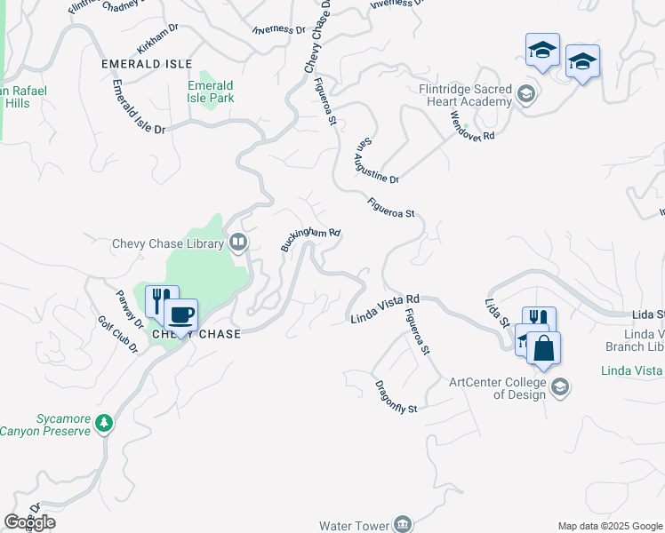 map of restaurants, bars, coffee shops, grocery stores, and more near 3000 Buckingham Road in Glendale