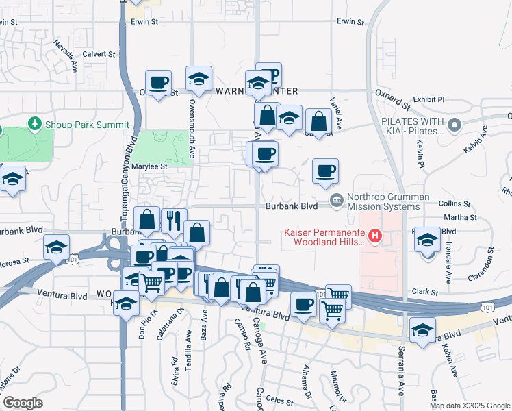 map of restaurants, bars, coffee shops, grocery stores, and more near 5665 Canoga Avenue in Los Angeles