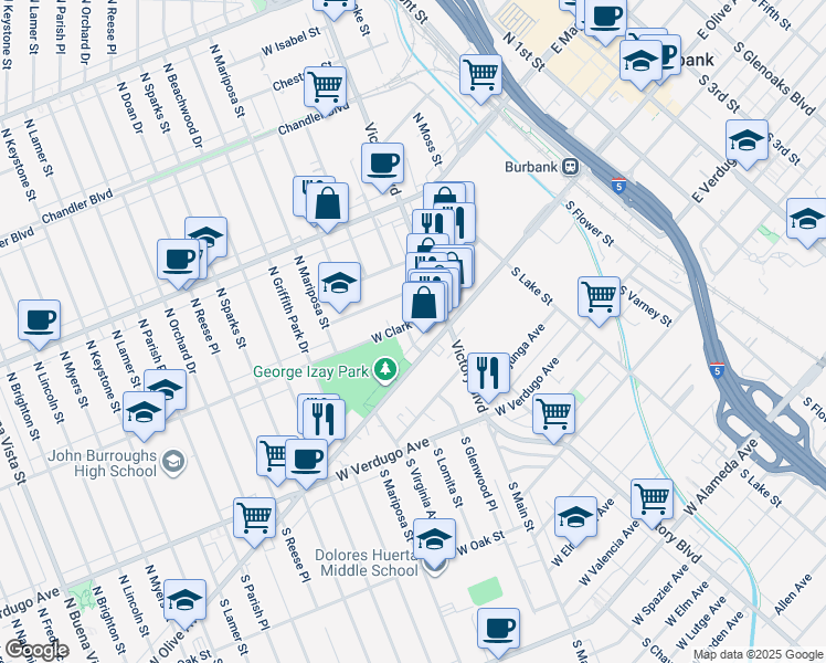 map of restaurants, bars, coffee shops, grocery stores, and more near 1020 West Clark Avenue in Burbank