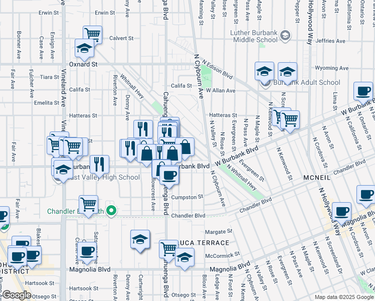 map of restaurants, bars, coffee shops, grocery stores, and more near 5637 Strohm Avenue in Los Angeles
