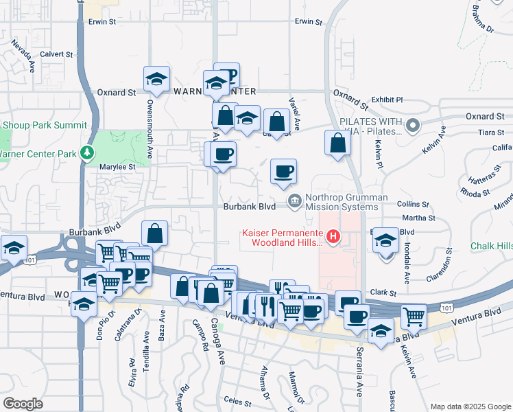 map of restaurants, bars, coffee shops, grocery stores, and more near 21301 Burbank Boulevard in Los Angeles