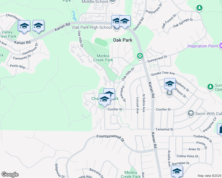 map of restaurants, bars, coffee shops, grocery stores, and more near 202 Estrellita Lane in Oak Park