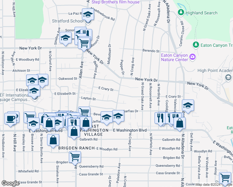 map of restaurants, bars, coffee shops, grocery stores, and more near 1579 Pepper Drive in Pasadena