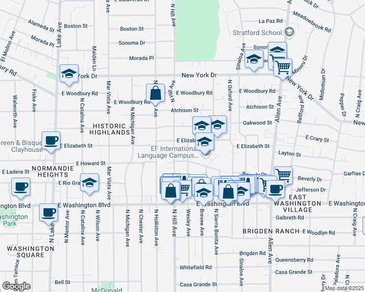 map of restaurants, bars, coffee shops, grocery stores, and more near 1581 Wesley Avenue in Pasadena