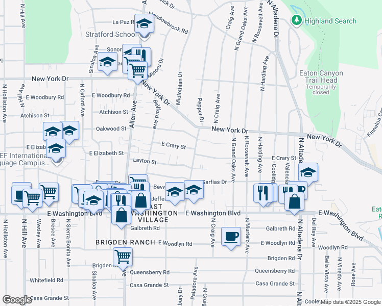 map of restaurants, bars, coffee shops, grocery stores, and more near 1579 Pepper Drive in Pasadena