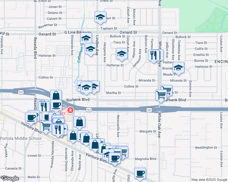 map of restaurants, bars, coffee shops, grocery stores, and more near 18015 Martha Street in Los Angeles