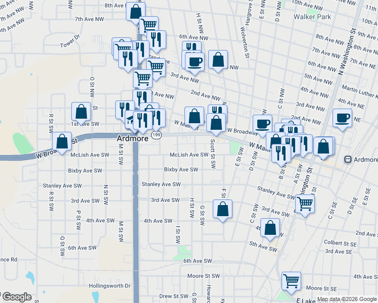 map of restaurants, bars, coffee shops, grocery stores, and more near 712 McLish Avenue Southwest in Ardmore
