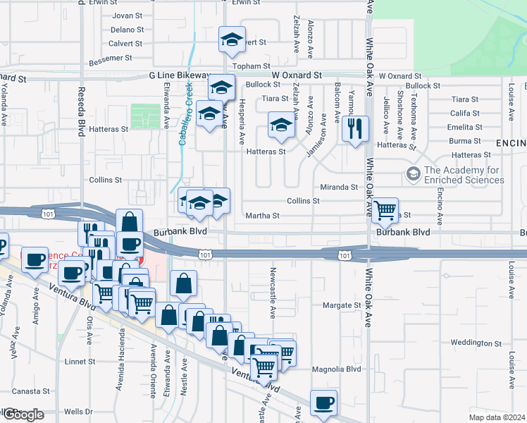 map of restaurants, bars, coffee shops, grocery stores, and more near 18015 Martha Street in Los Angeles