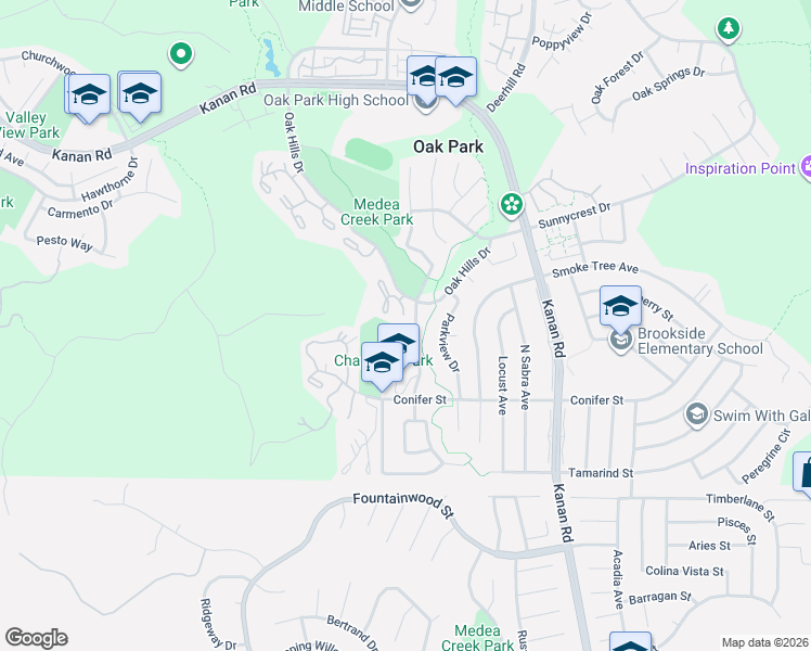 map of restaurants, bars, coffee shops, grocery stores, and more near 202 Estrellita Lane in Oak Park