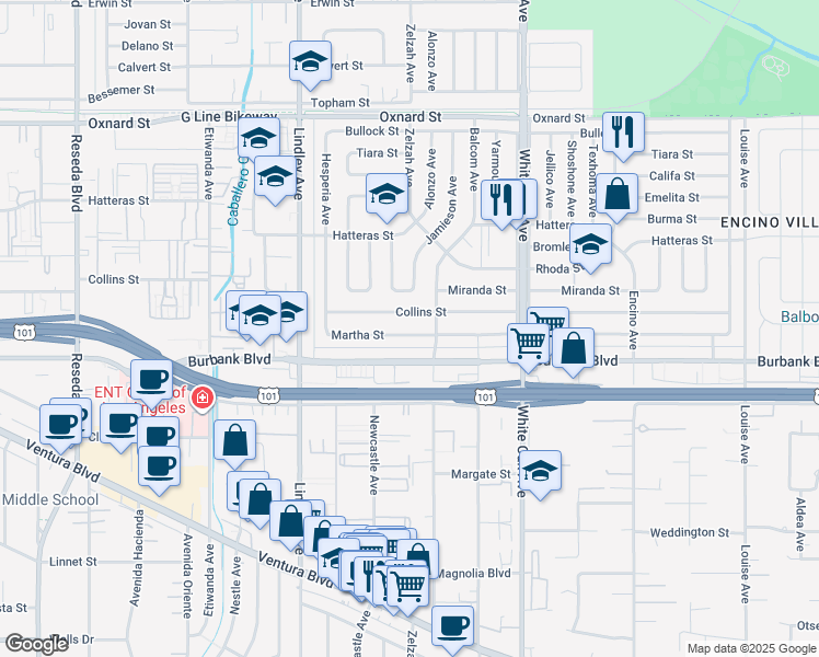 map of restaurants, bars, coffee shops, grocery stores, and more near 17929 Martha Street in Los Angeles