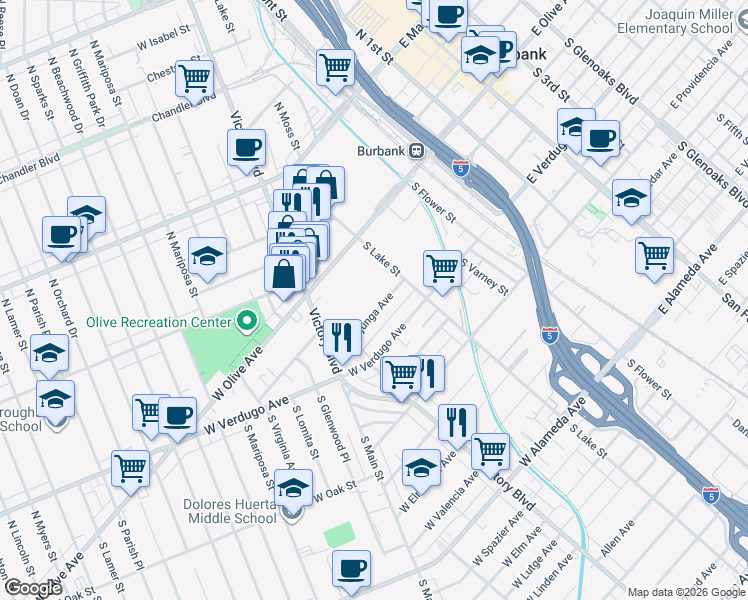 map of restaurants, bars, coffee shops, grocery stores, and more near 235 West Tujunga Avenue in Burbank