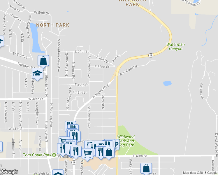 map of restaurants, bars, coffee shops, grocery stores, and more near 268 East 49th Street in San Bernardino