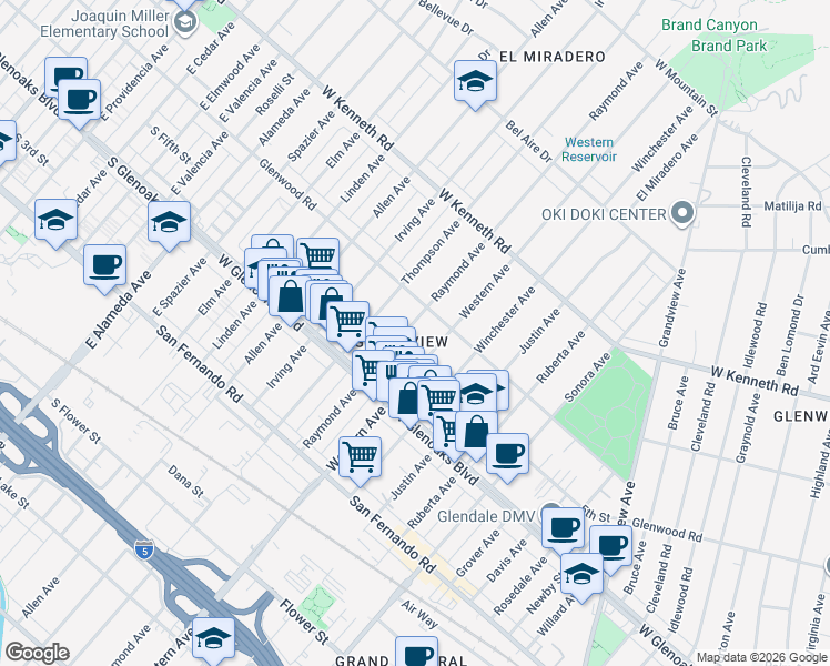 map of restaurants, bars, coffee shops, grocery stores, and more near in Glendale