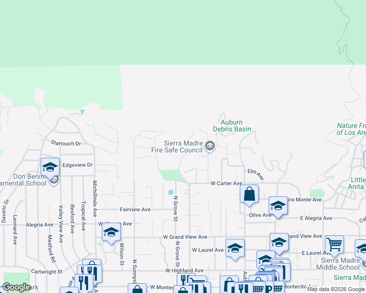 map of restaurants, bars, coffee shops, grocery stores, and more near 645 Oak Crest Drive in Sierra Madre