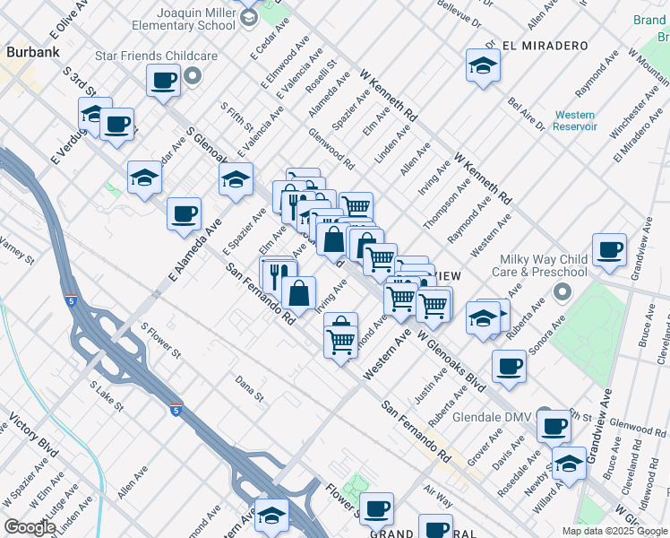 map of restaurants, bars, coffee shops, grocery stores, and more near 1830 West Glenoaks Boulevard in Glendale