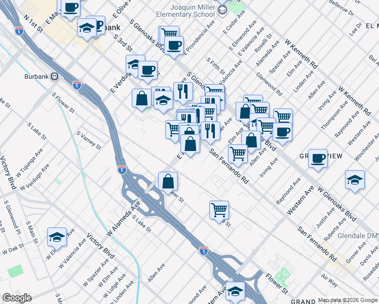 map of restaurants, bars, coffee shops, grocery stores, and more near 116 East Alameda Avenue in Burbank