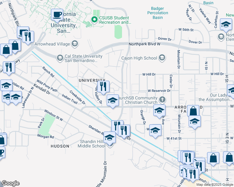 map of restaurants, bars, coffee shops, grocery stores, and more near 1380 West 48th Street in San Bernardino