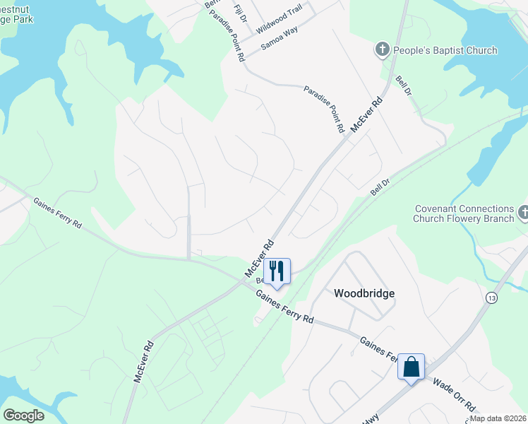 map of restaurants, bars, coffee shops, grocery stores, and more near 6202 Morning View Court in Flowery Branch