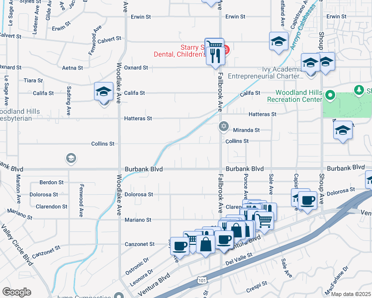 map of restaurants, bars, coffee shops, grocery stores, and more near 22920 Collins Street in Los Angeles