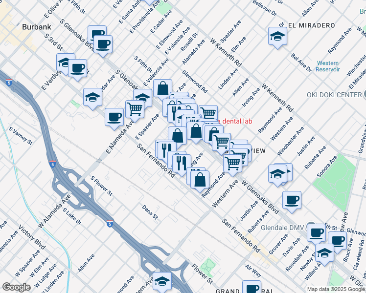 map of restaurants, bars, coffee shops, grocery stores, and more near 1055 Allen Avenue in Glendale