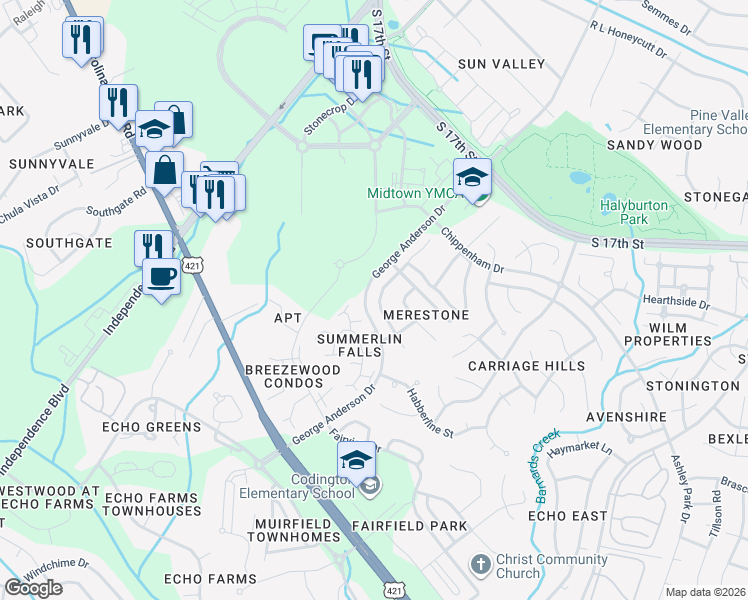 map of restaurants, bars, coffee shops, grocery stores, and more near 1012 Summerlin Falls Court in Wilmington