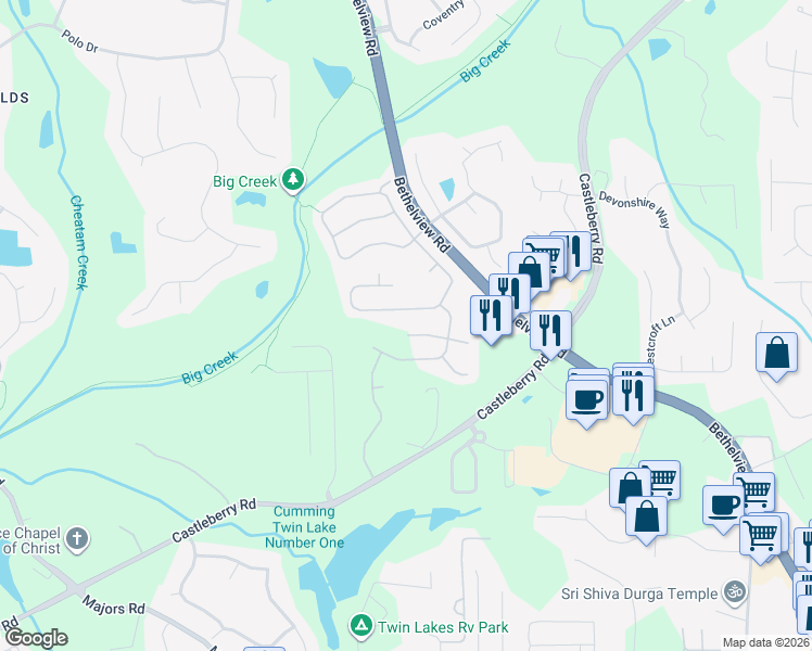map of restaurants, bars, coffee shops, grocery stores, and more near 6360 Forest Shore Court in Cumming