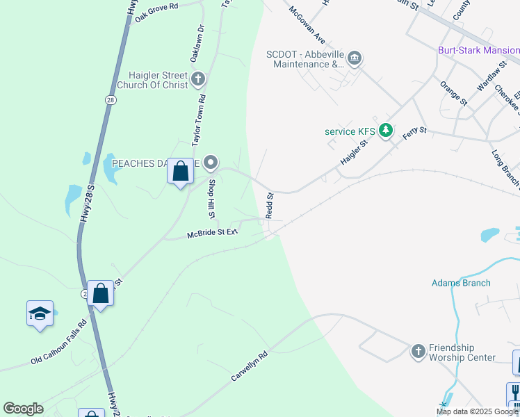map of restaurants, bars, coffee shops, grocery stores, and more near 106 Redd Street in Abbeville