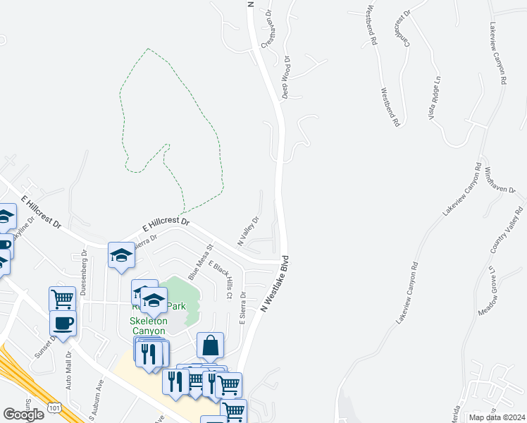 map of restaurants, bars, coffee shops, grocery stores, and more near 742 North Valley Drive in Westlake Village