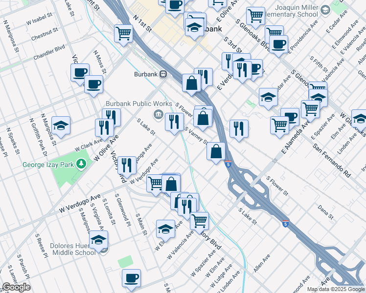 map of restaurants, bars, coffee shops, grocery stores, and more near 418 South Lake Street in Burbank