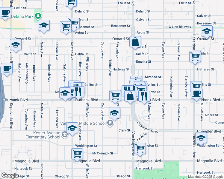 map of restaurants, bars, coffee shops, grocery stores, and more near 5638 Tobias Avenue in Los Angeles
