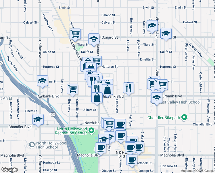 map of restaurants, bars, coffee shops, grocery stores, and more near 11308 Martha Street in Los Angeles