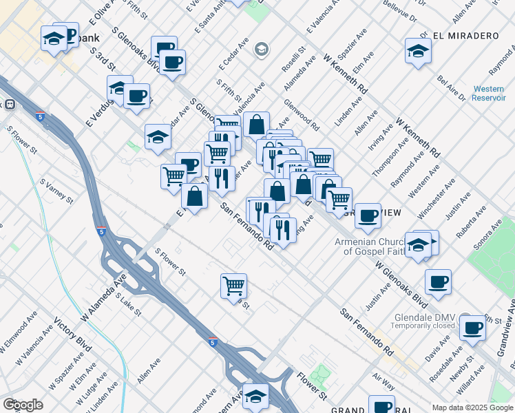 map of restaurants, bars, coffee shops, grocery stores, and more near 1031 Linden Avenue in Glendale