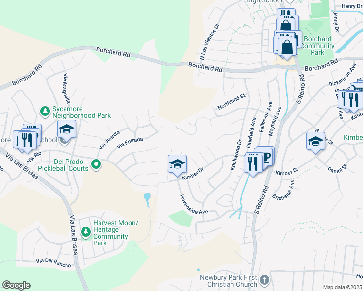 map of restaurants, bars, coffee shops, grocery stores, and more near 341 Havenside Avenue in Thousand Oaks