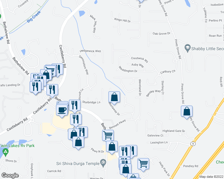 map of restaurants, bars, coffee shops, grocery stores, and more near 6550 Whirlaway Drive in Cumming