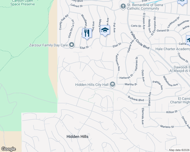 map of restaurants, bars, coffee shops, grocery stores, and more near 25225 Eldorado Meadow Road in Hidden Hills