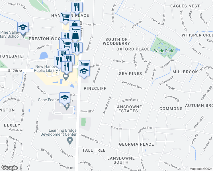 map of restaurants, bars, coffee shops, grocery stores, and more near 318 Pinecliff Drive in Wilmington