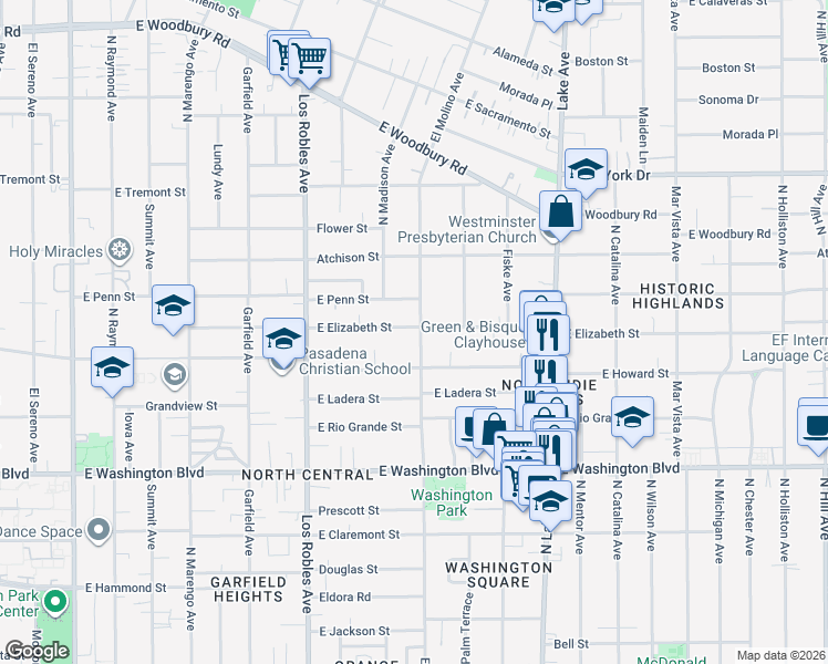 map of restaurants, bars, coffee shops, grocery stores, and more near 1576 North El Molino Avenue in Pasadena