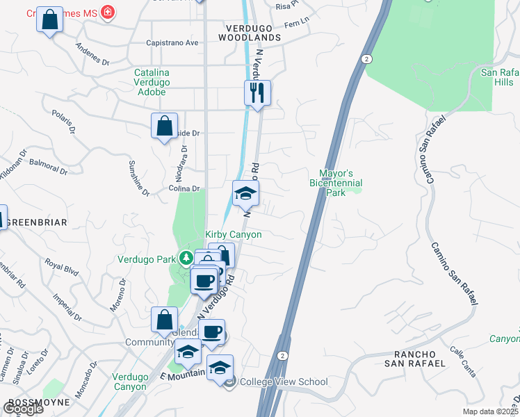 map of restaurants, bars, coffee shops, grocery stores, and more near 1811 Sherer Lane in Glendale
