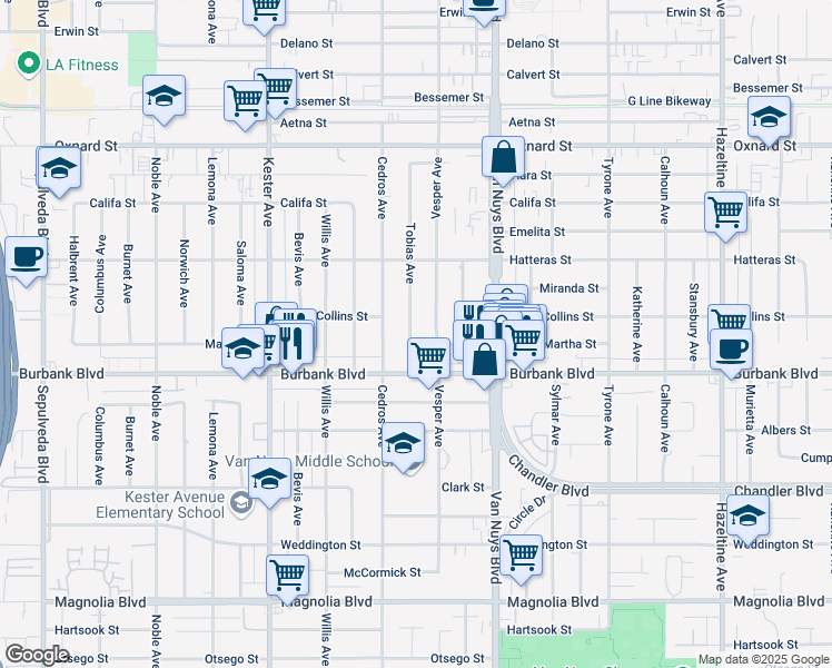 map of restaurants, bars, coffee shops, grocery stores, and more near 5638 Tobias Avenue in Los Angeles