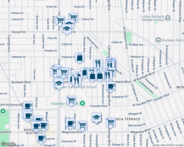 map of restaurants, bars, coffee shops, grocery stores, and more near 5640 Denny Avenue in Los Angeles