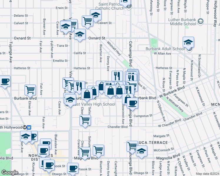 map of restaurants, bars, coffee shops, grocery stores, and more near 5640 Denny Avenue in Los Angeles