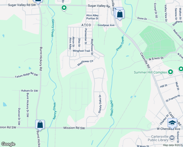 map of restaurants, bars, coffee shops, grocery stores, and more near 2 Pebble Hill Court Southeast in Cartersville