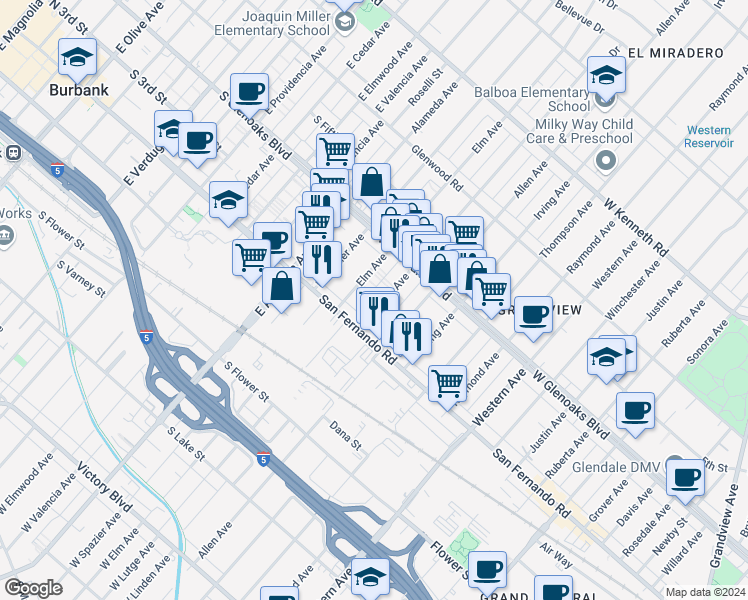 map of restaurants, bars, coffee shops, grocery stores, and more near 1031 Linden Avenue in Glendale